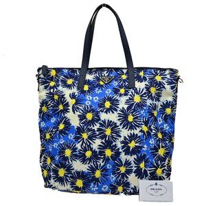 PRADA MILANO Logo Tessuto Stampat Shoulder Tote Bag Leather Nylon Blue 87KB825